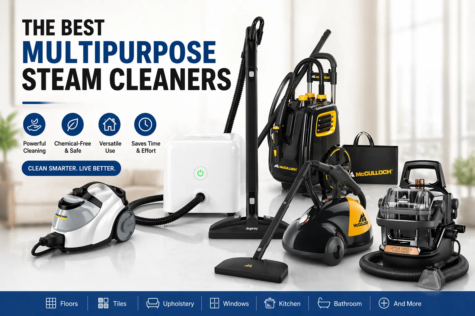 Best multipurpose steam cleaners featuring Dupray, Kärcher, McCulloch, and BISSELL models for floors, tiles, upholstery, windows, kitchen, and bathroom cleaning